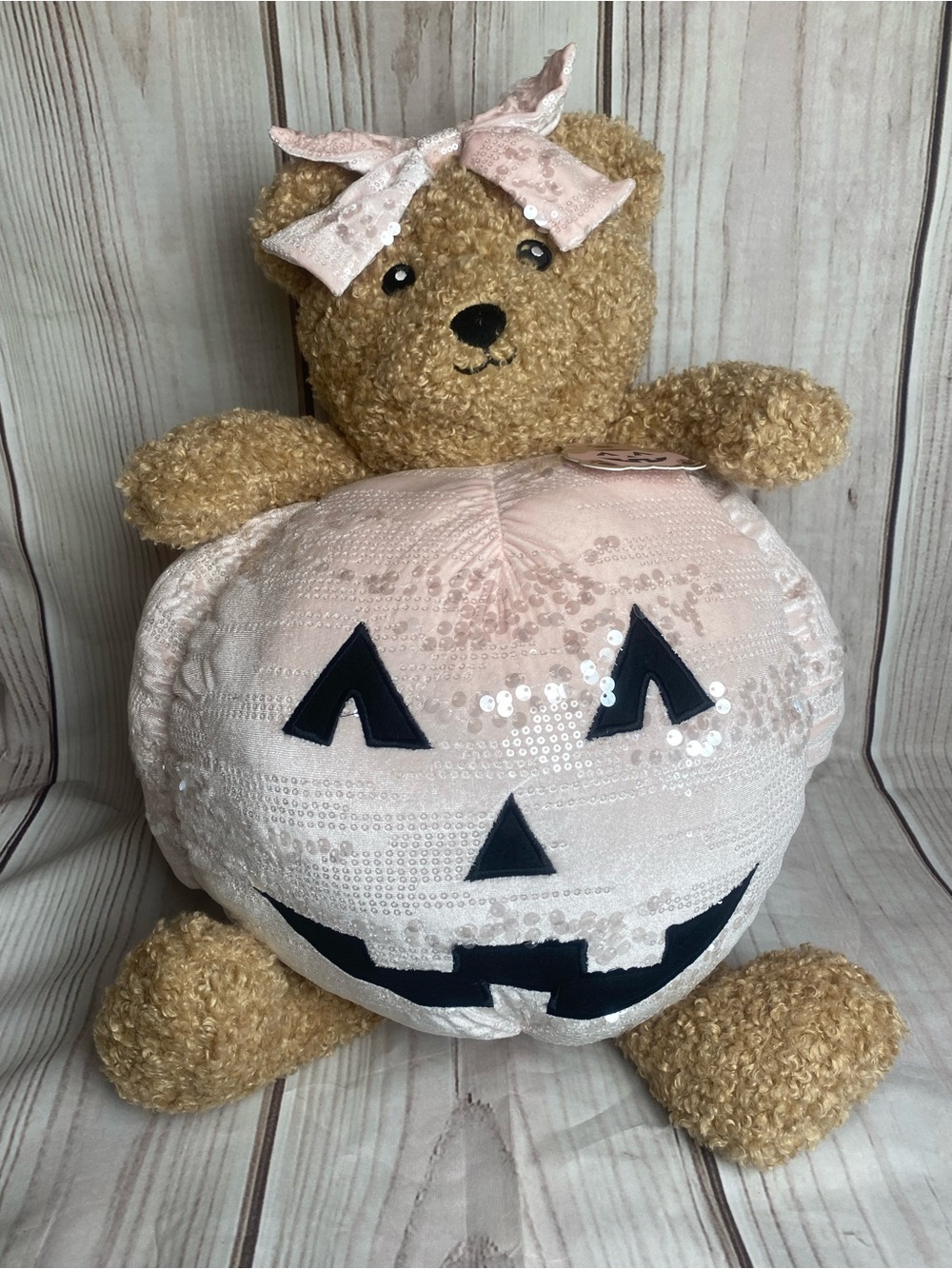 Viral Plush Bear with Pink Sequin Halloween Pumpkin pillow NWT